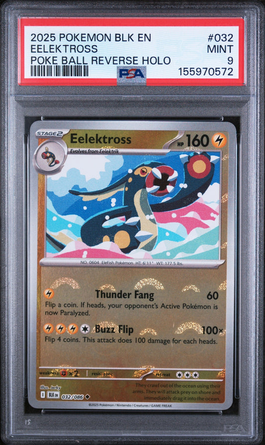 PSA-graded Eelektross Pokémon card in protective case, showing front with reverse holo finish and brown background.
