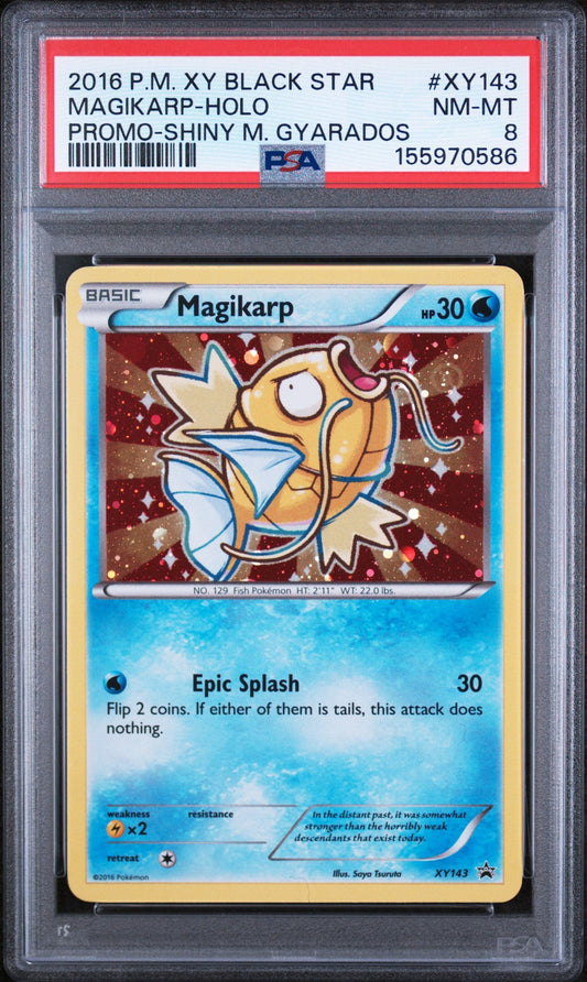 PSA-graded Magikarp Pokémon card in protective case, displaying front with yellow border and holographic artwork against red sparkly background.