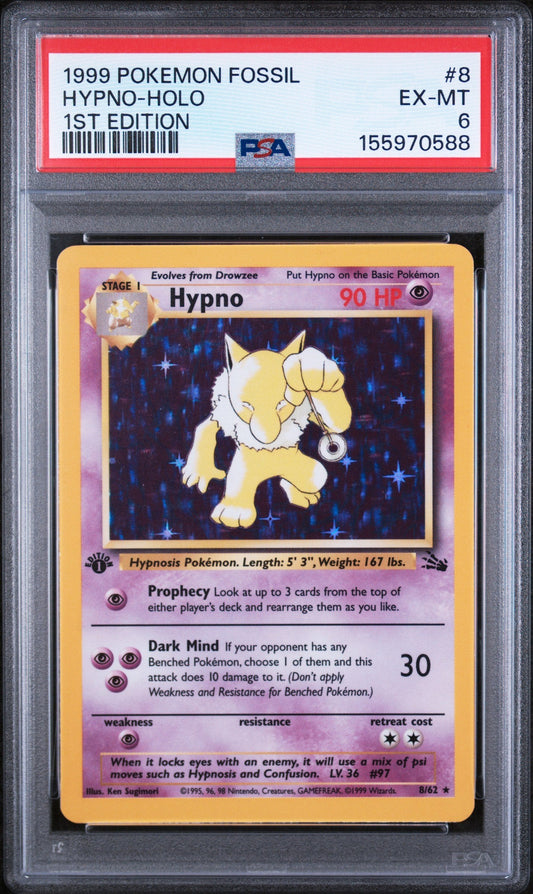 PSA-graded 1999 Pokemon Fossil Hypno holographic first edition card in clear slab, front view showing yellow-bordered card with purple Hypno artwork and game text.