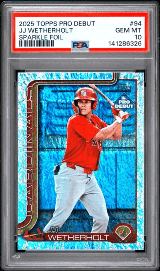 PSA-graded baseball card in clear holder showing JJ Wetherholt in red uniform at bat against blue sparkle foil background.