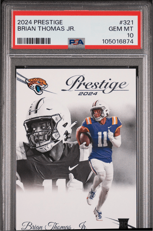 Front of graded PSA 10 card showing Brian Thomas Jr. in Jaguars uniform with helmet graphic, red label visible at top.