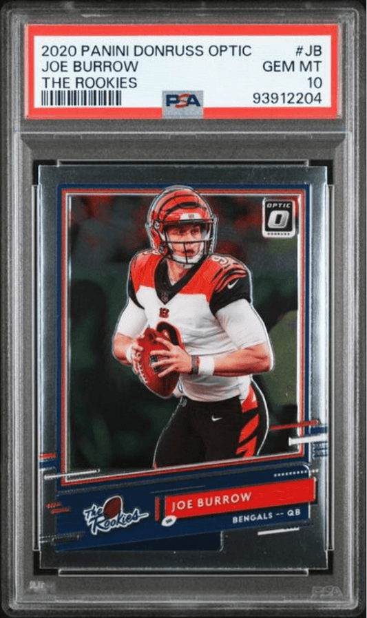PSA-graded rookie card in clear case showing Joe Burrow in Cincinnati Bengals uniform holding football, red and white jersey visible.