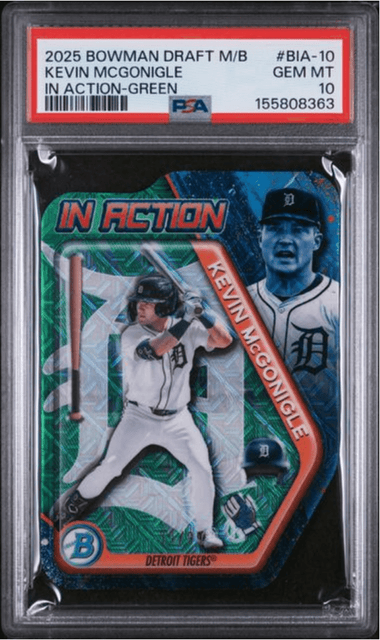 PSA-graded baseball card in clear case showing Kevin McGonigle batting for Detroit Tigers with green "In Action" design and red border.
