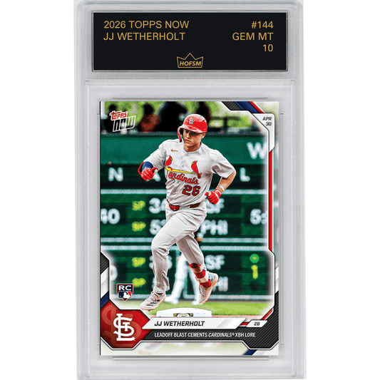Graded baseball card in clear plastic case showing JJ Wetherholt in Cardinals uniform running bases, labeled Gem Mint 10.