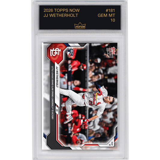 Graded baseball card in plastic case showing JJ Wetherholt in Cardinals uniform mid-jump, with black border and red accents.