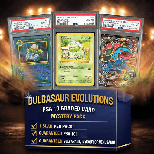 Three PSA 10 graded Pokémon cards in slabs displayed against a glowing background, featuring 2002 Ivysaur Reverse Foil, 1999 Bulbasaur Base Set, and 2018 Venusaur Black Star Promo, with product details and checkmarks on blue banner below.