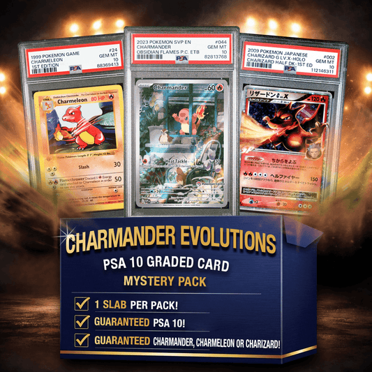 Three PSA 10 graded Charmander evolution cards in protective slabs displayed against dramatic golden lighting with blue promotional text box below.
