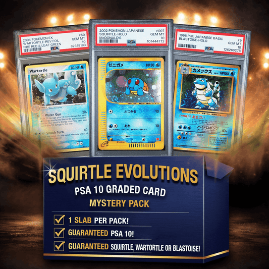 Three PSA 10 graded Pokémon cards featuring Squirtle evolution line displayed in slabs against dramatic golden-lit background with product description text below.