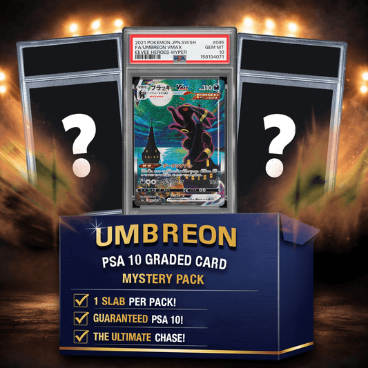 Mystery pack display showing graded Umbreon card in center slab flanked by question marks, with blue promotional box below listing pack details.
