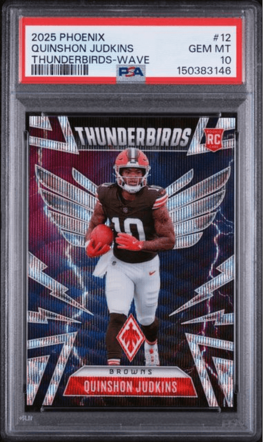 PSA-graded rookie card in plastic case showing Quinshon Judkins in brown Thunderbirds uniform holding football against red and blue winged background design.