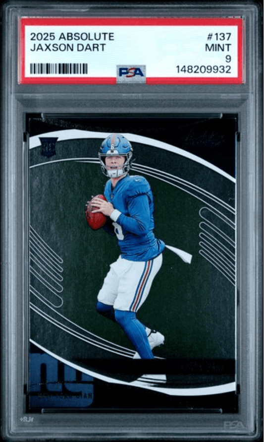 PSA-graded trading card in clear case displaying Jaxson Dart in blue Lions uniform throwing football against dark background with silver design elements.