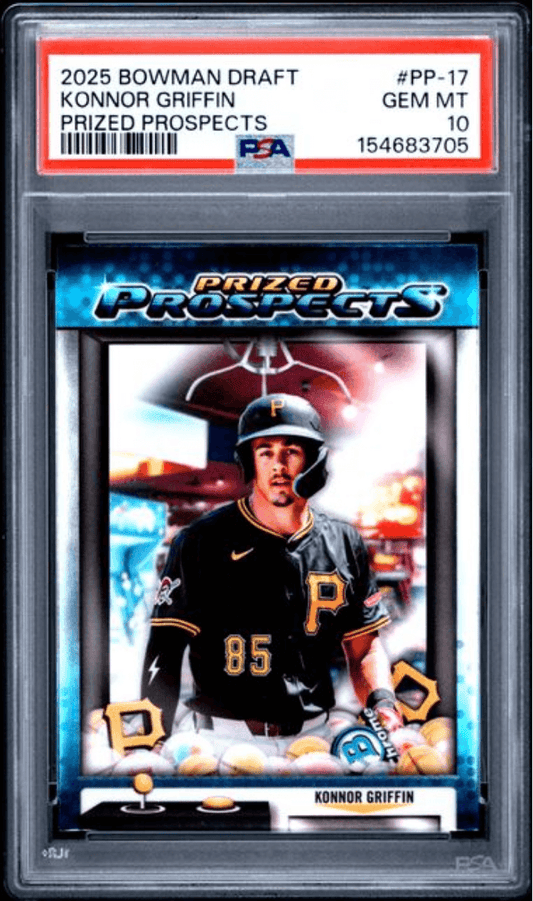 PSA-graded baseball card in clear plastic case showing Konnor Griffin in Pittsburgh Pirates uniform with blue and gold "Prized Prospects" design and red grading label on top.