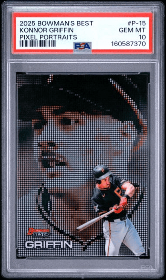 PSA-graded trading card in plastic case showing pixelated portrait of baseball player Konnor Griffin in batting stance with bat.