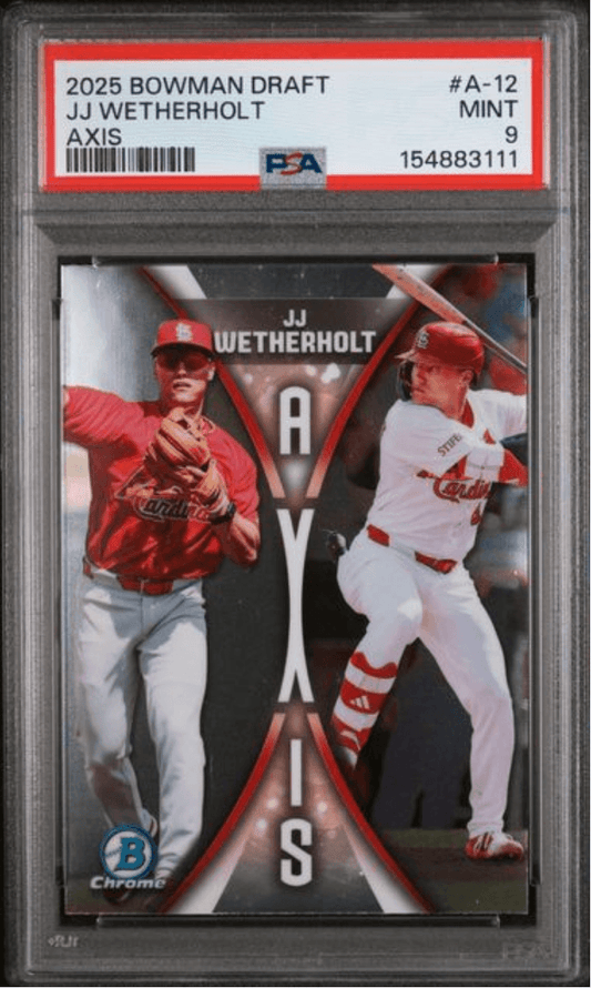 PSA-graded baseball card in clear plastic holder showing JJ Wetherholt in red and white Cardinals uniforms with "AXIS" text design.