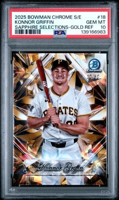 Front of graded baseball card showing Konnor Griffin in Pirates uniform holding bat, gold refractor background, PSA 10 label visible on holder.