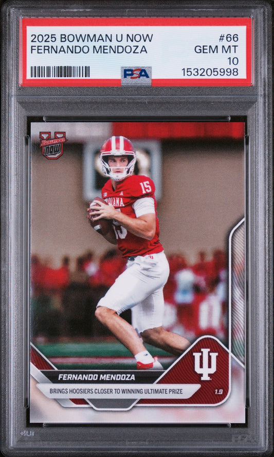 PSA-graded trading card in clear case showing Fernando Mendoza in red Indiana Hoosiers uniform throwing football, with red label and PSA 10 rating visible at top.