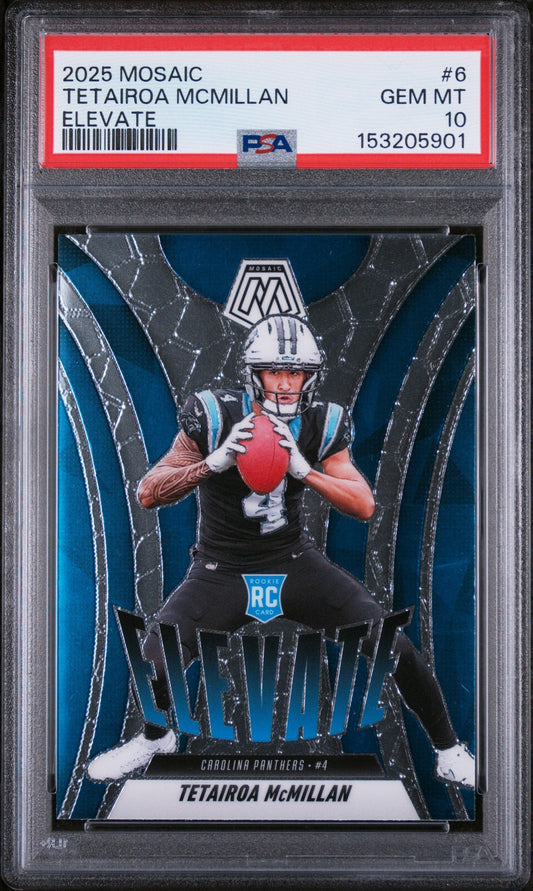 PSA-graded trading card in plastic case showing Tetairoa McMillan in Carolina Panthers uniform holding red football against blue geometric background.
