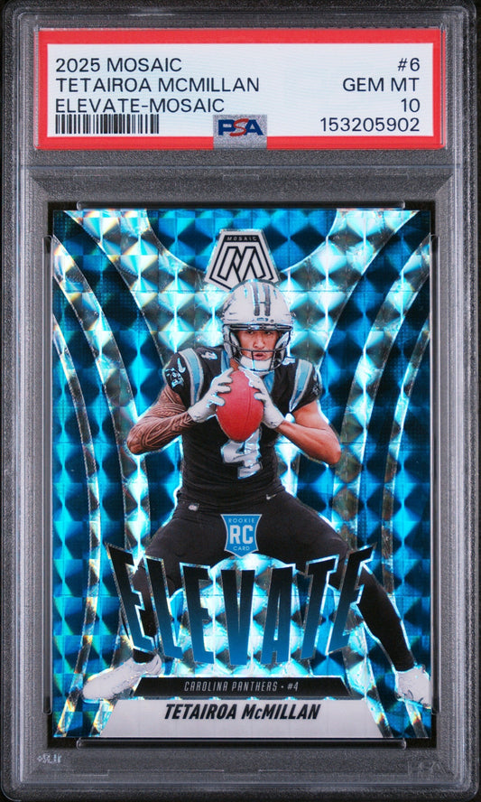 PSA-graded rookie card displaying Tetairoa McMillan in black Panthers uniform holding red football against blue holographic mosaic background.