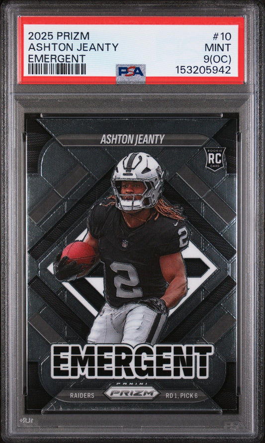 PSA-graded 2025 Panini Prizm Ashton Jeanty rookie card in holder showing player in Raiders uniform holding football against geometric dark background.