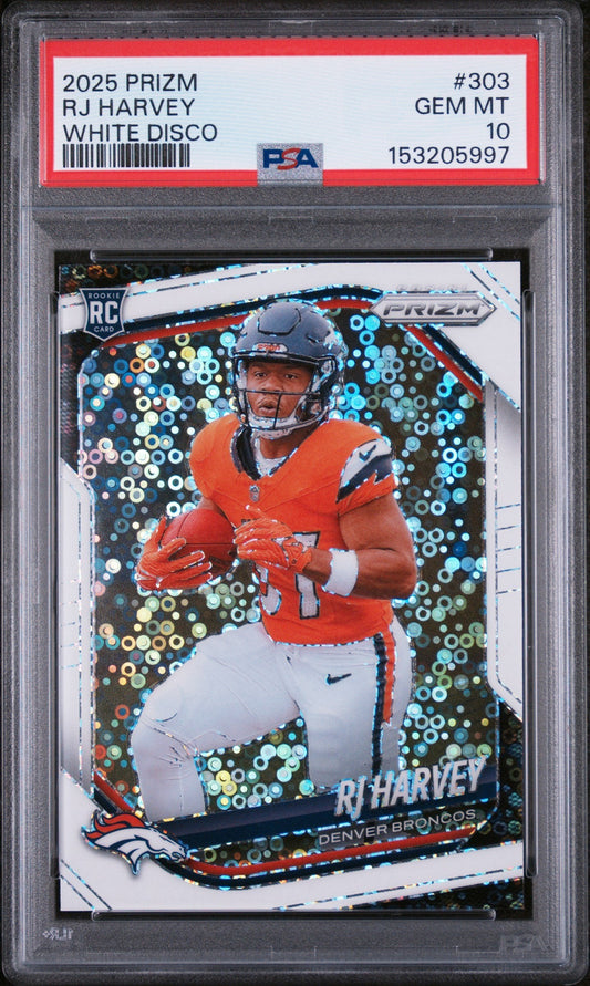 PSA-graded trading card in clear case displaying Denver Broncos player in orange jersey against holographic white disco background.