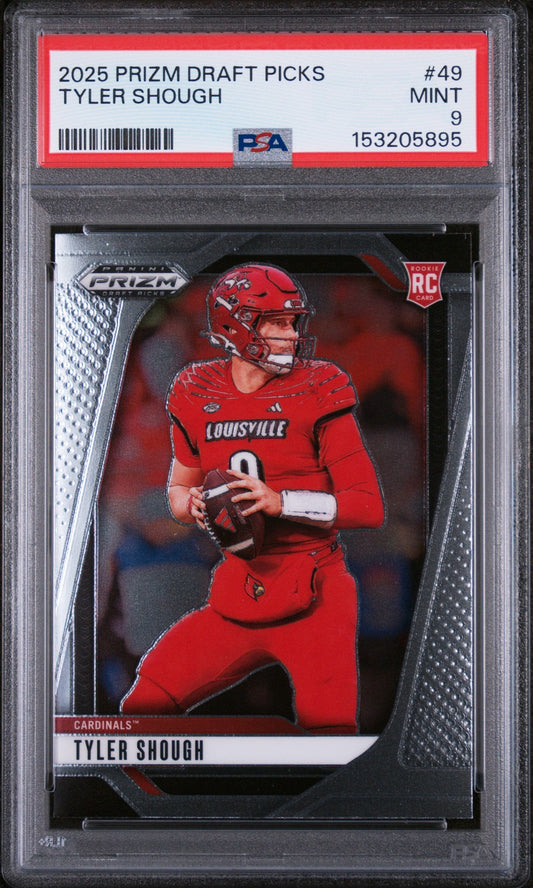 PSA graded trading card in protective case displaying Tyler Shough in red Louisville uniform, front view with red label strip.