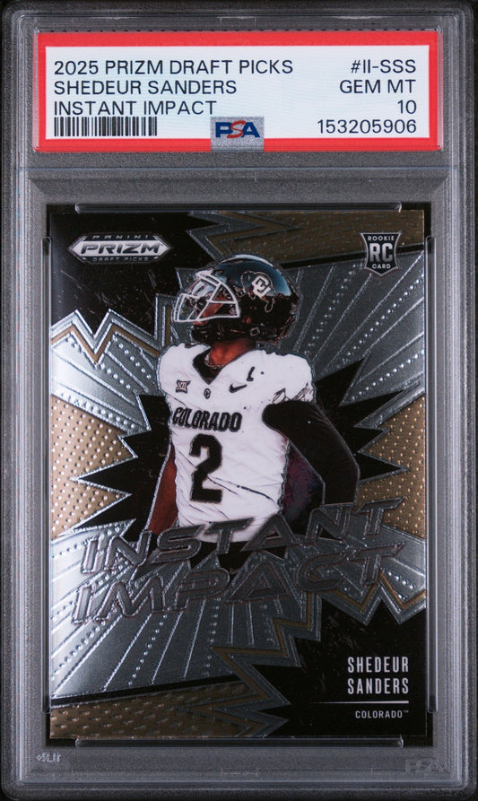 PSA-graded Shedeur Sanders rookie card in protective case, showing front with Colorado uniform number 2 and Prizm holographic design.