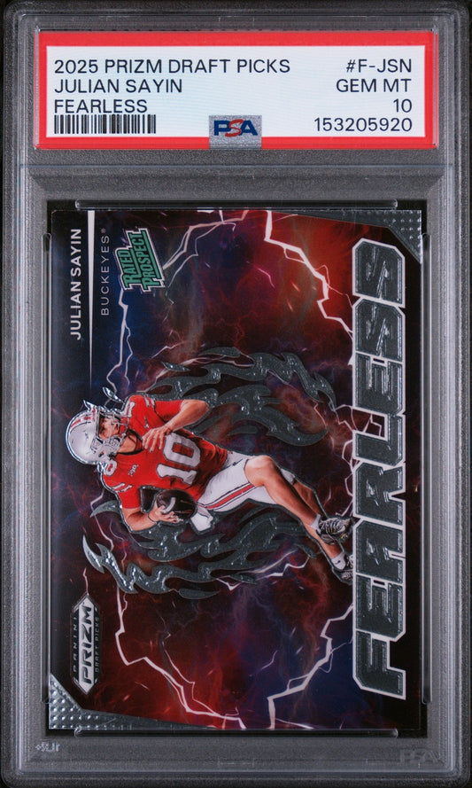 PSA-graded trading card in protective case showing Julian Sayin in red uniform against lightning-effect background with red label.