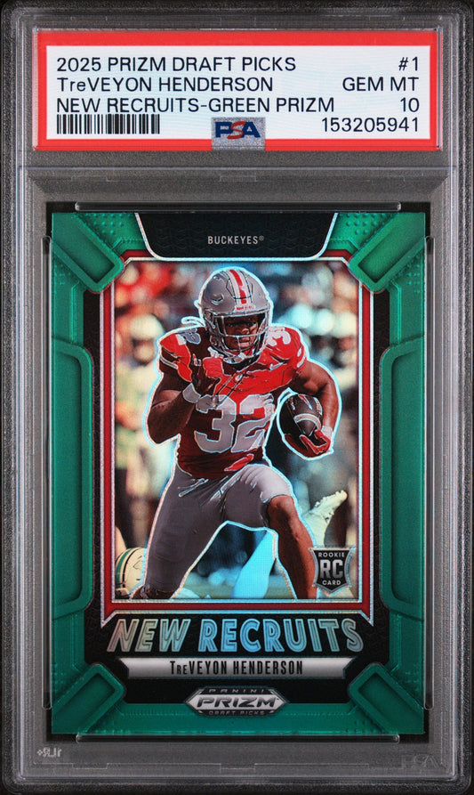PSA-graded rookie card in clear case showing TreVeyon Henderson in red Ohio State uniform, green Prizm frame, front view.