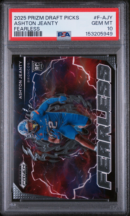 PSA-graded trading card in clear case showing Ashton Jeanty in blue Broncos uniform with red lightning background and red grading label.