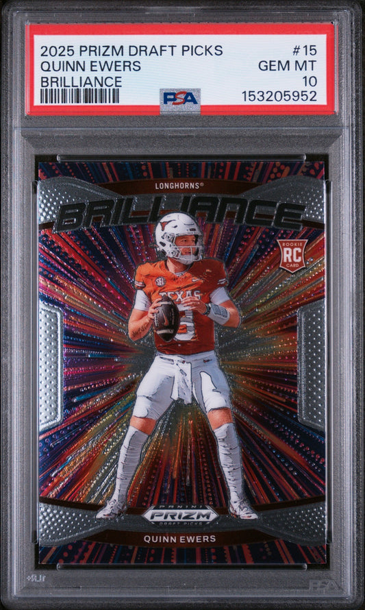 PSA-graded trading card in clear case showing Quinn Ewers in Texas Longhorns uniform against red radiating background with Brilliance design.