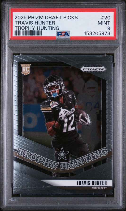 PSA-graded trading card in plastic holder showing Travis Hunter football rookie card with red grading label and mint 9 rating visible.