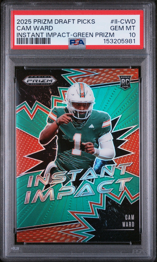 PSA-graded rookie card in clear plastic case showing Cam Ward in green Miami Hurricanes uniform on red and teal Prizm design.