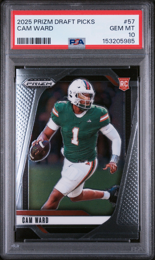 PSA-graded trading card in clear plastic case displaying Cam Ward in green Miami Hurricanes uniform, number 1, holding football.