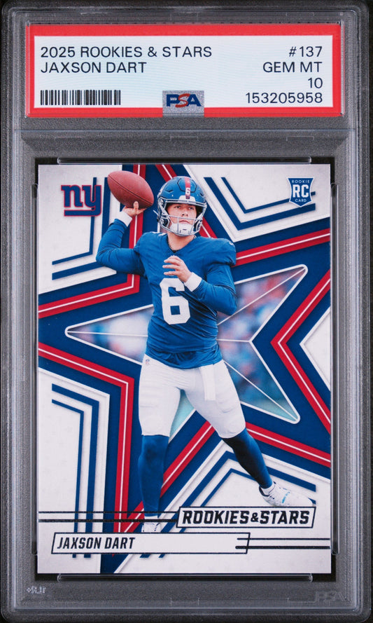 PSA graded trading card in clear protective case showing Jaxson Dart in New York Giants uniform throwing football, red and blue design background.