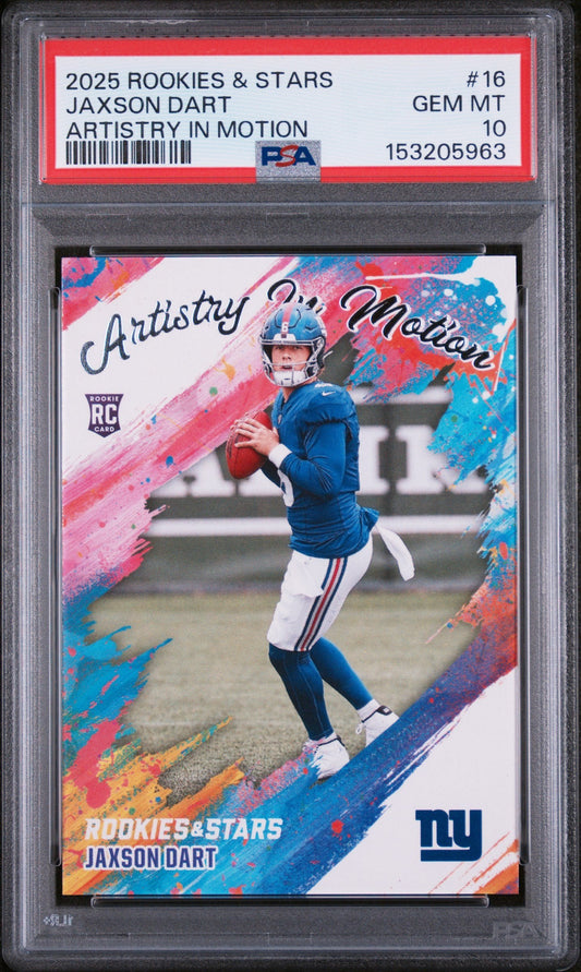 PSA graded rookie football card in clear plastic holder displaying Jaxson Dart in blue Giants uniform with colorful pink and blue artistic brushstroke design.