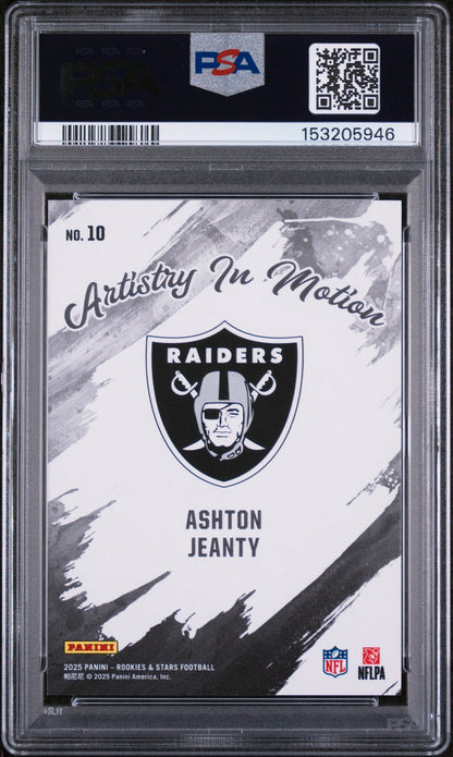 Graded 2025 Panini Rookies & Stars Ashton Jeanty #10 Artistry in Motion Rookie RC Football Card PSA 10 Gem Mint