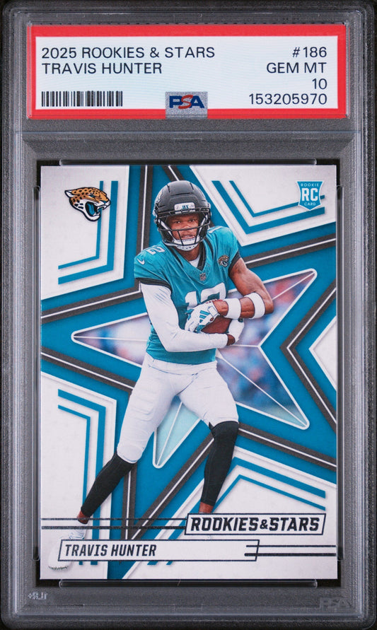 PSA-graded card in clear protective holder showing Travis Hunter in teal Jaguars uniform on blue geometric background with red grading label.