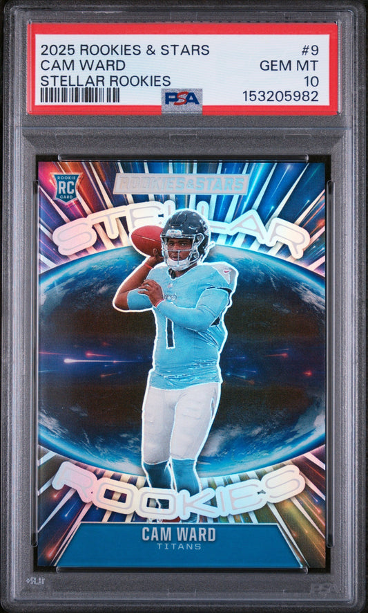 PSA-graded trading card in plastic holder showing Cam Ward in light blue Titans uniform holding football against cosmic background with red label at top.