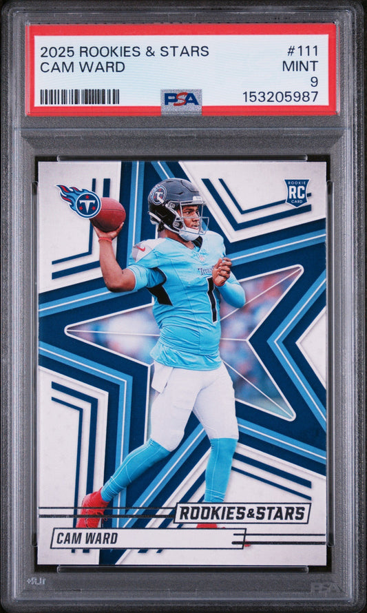 PSA 9 graded 2025 Panini Rookies & Stars Cam Ward rookie card in clear plastic case showing front with player in light blue Titans uniform.