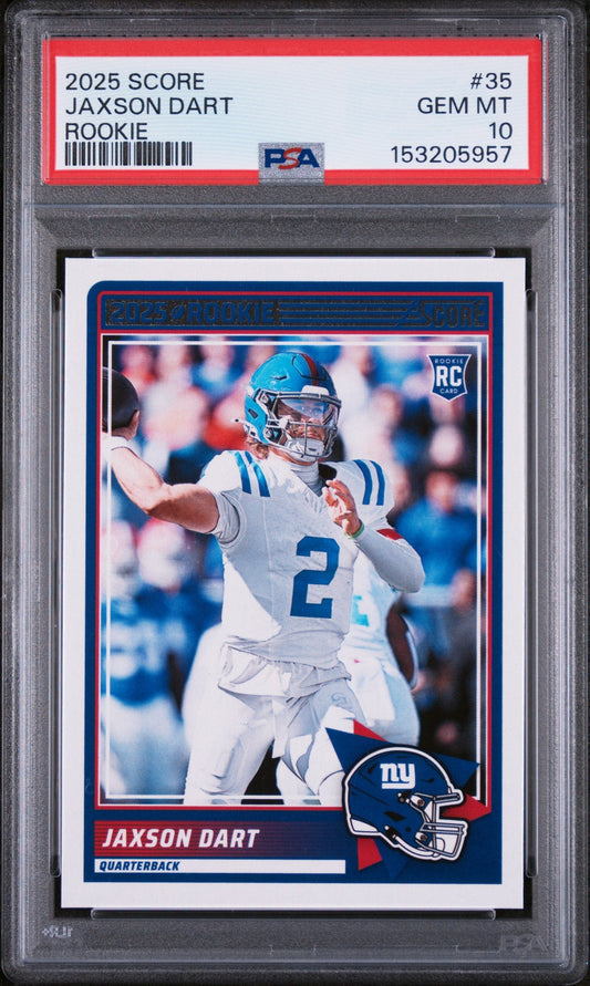 PSA-graded rookie football card in clear case showing Jaxson Dart in blue Giants uniform throwing football, red and blue borders with team logo.