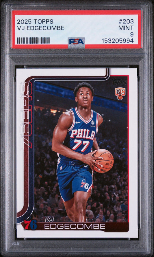 PSA-graded 2025 Topps basketball rookie card of VJ Edgecombe in Philadelphia 76ers uniform, centered in clear plastic case.
