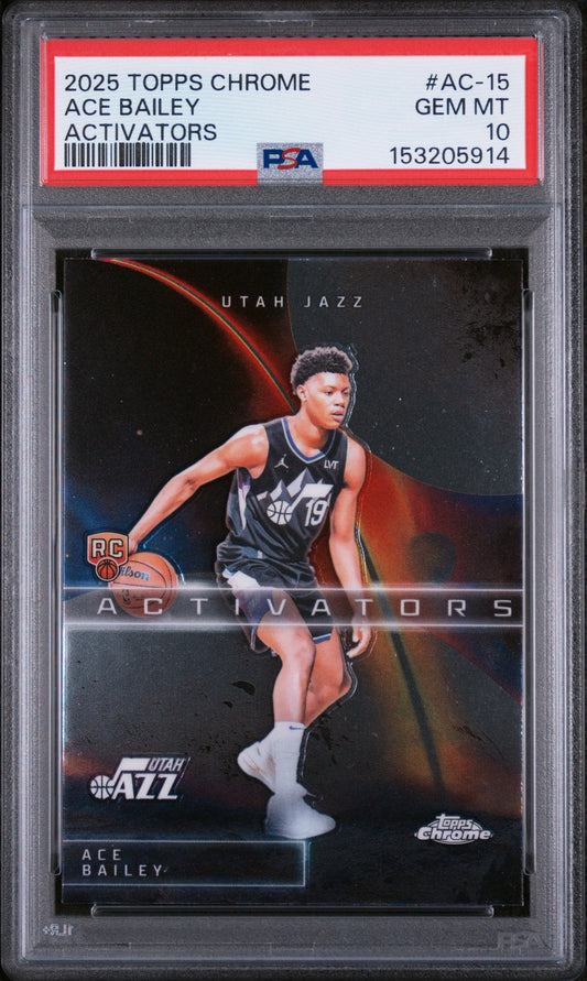 PSA-graded trading card in clear plastic holder showing Ace Bailey in Utah Jazz uniform with red and blue design elements and "Activators" text visible.