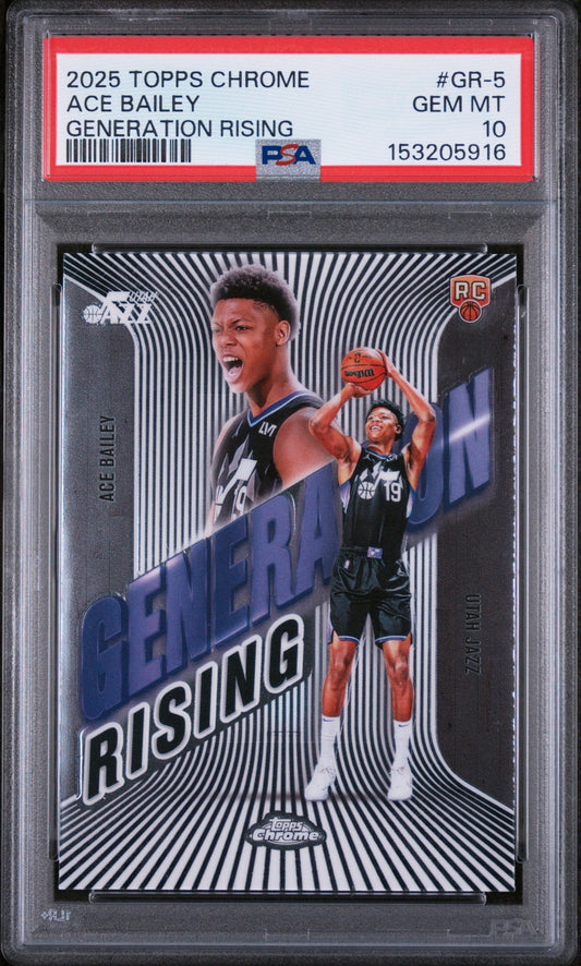 PSA-graded Topps Chrome card in plastic holder displaying Ace Bailey in Utah Jazz uniform shooting basketball against striped background.