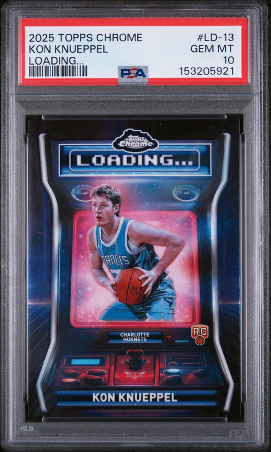 PSA-graded trading card in clear plastic case displaying Kon Knueppel arcade game-themed design with red neon borders and Charlotte Hornets uniform.