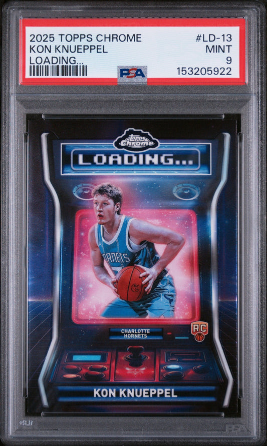 PSA-graded trading card in clear plastic case showing arcade-themed design with Charlotte Hornets player holding basketball on neon pink and blue background.