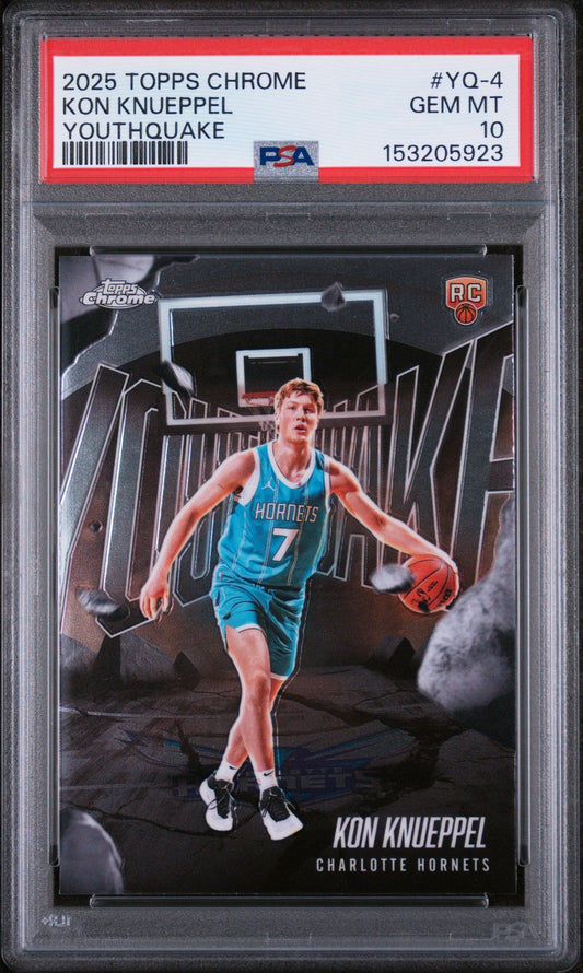 PSA-graded rookie basketball card in clear plastic holder showing Kon Knueppel in Charlotte Hornets blue jersey dribbling on court.