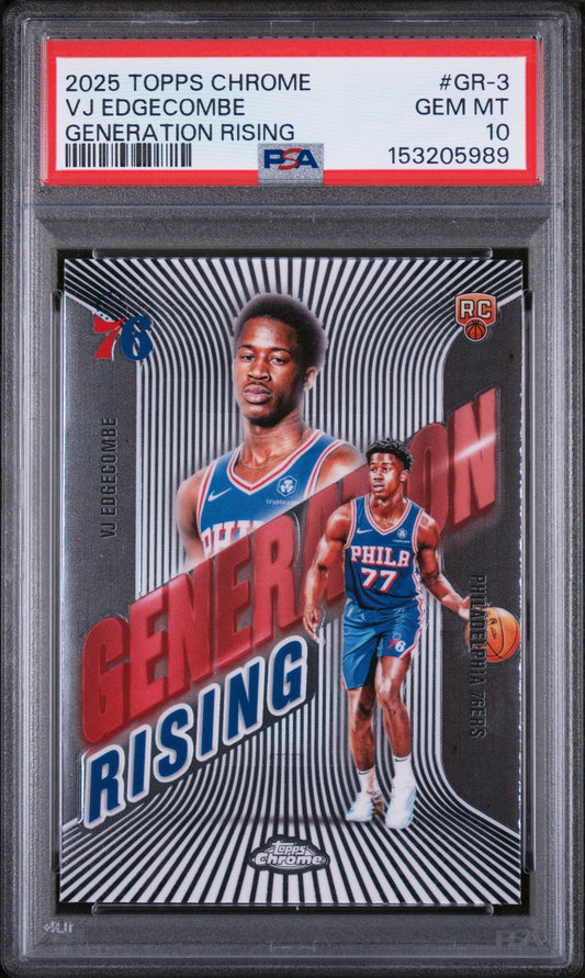 PSA-graded trading card in plastic case displaying VJ Edgecombe in Philadelphia 76ers uniform with striped background and "Generation Rising" text.