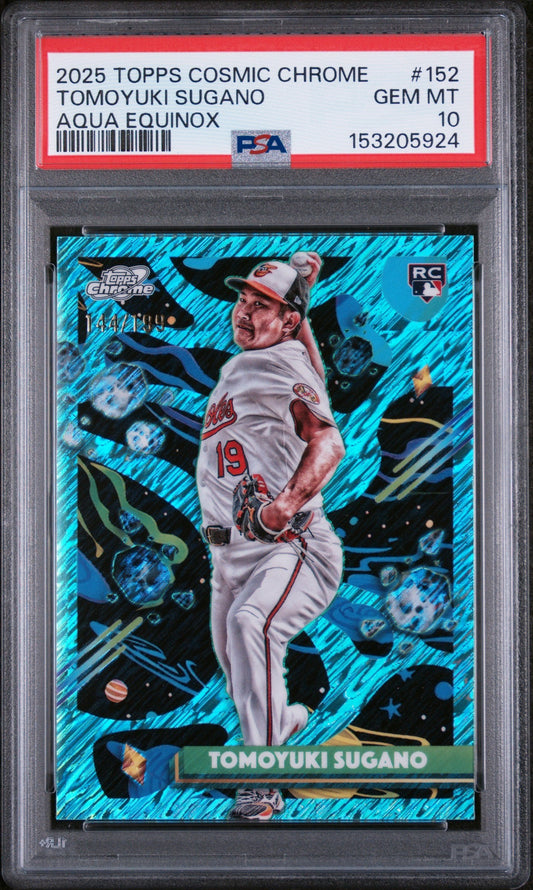 PSA-graded baseball card in clear plastic case showing Tomoyuki Sugano in white uniform on cyan cosmic background with holographic refractor finish.