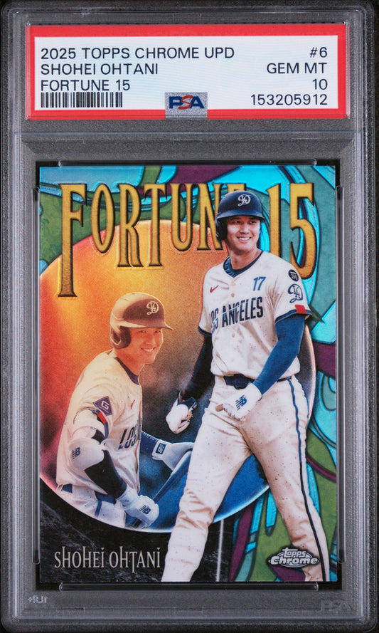 PSA-graded baseball card in plastic case displaying Shohei Ohtani in Los Angeles Dodgers uniform with "Fortune 15" gold text overlay.