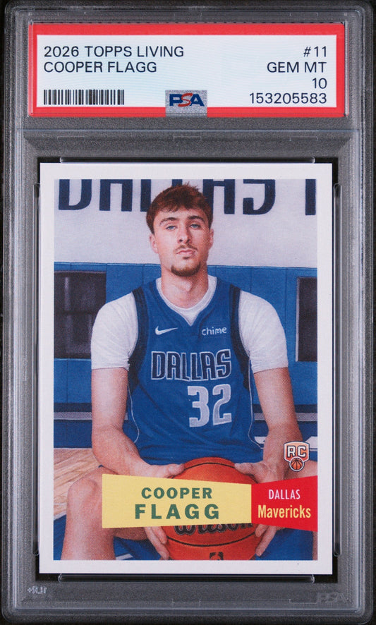 PSA-graded trading card in clear plastic case showing Cooper Flagg in Dallas Mavericks blue jersey number 32, with red label indicating Gem Mint 10 rating.
